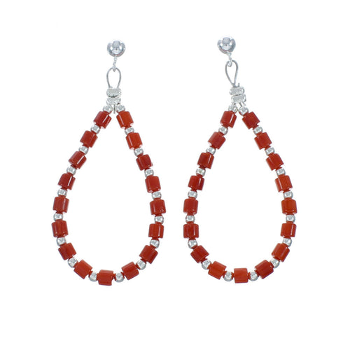 Native American Coral Bead Post Dangle Sterling Silver Earrings X10271